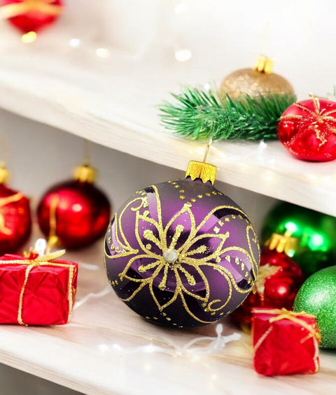 Purple Blown Glass Ornament - Handcrafted - Poinsettia Design
