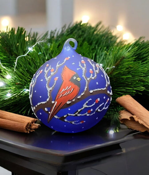 Blue Blown Glass Ornament - Handcrafted - Red Cardinal Design