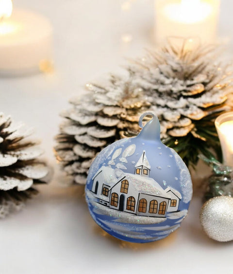 Light Blue Blown Glass Ornament - Handcrafted - White Church Design