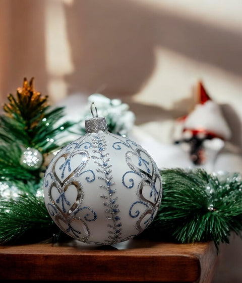 Silver & Blue Blown Glass Ornament - Handcrafted - Hearts Galore Design