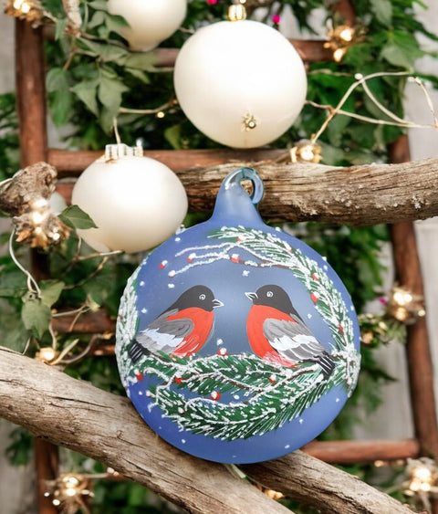 Light Blue Blown Glass Ornament - Handcrafted - Keepsake - Finches Design