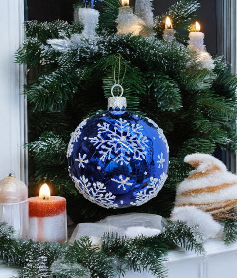 Blue Blown Glass Ornament - Handcrafted - Large Snowflake Design