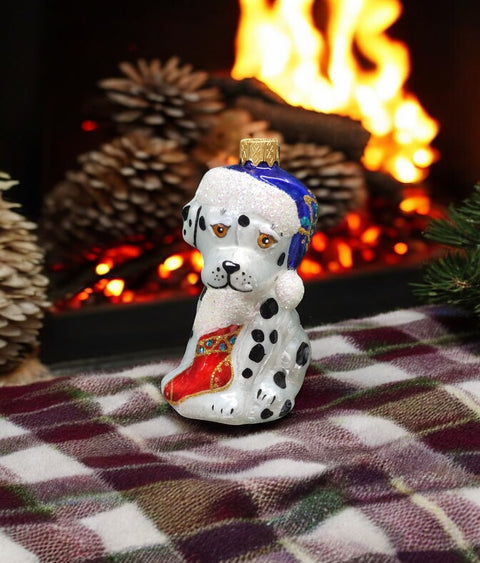 Hand Decorated Glass Keepsake Ornament - Dalmatian With Stocking Design