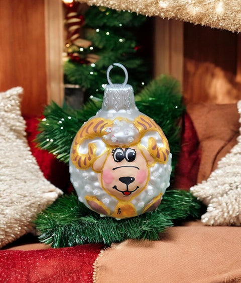 Hand Decorated Glass Keepsake Ornament - Charming Ram Design