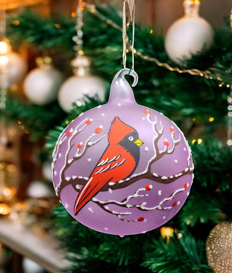 Lavender Blown Glass Ornament - Handcrafted - Red Cardinal Design