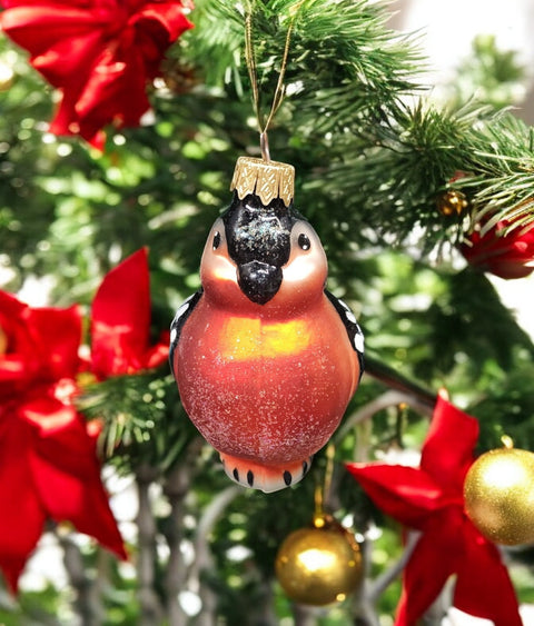 Hand Decorated Glass Keepsake Ornament - Charming Bull Finch  Design