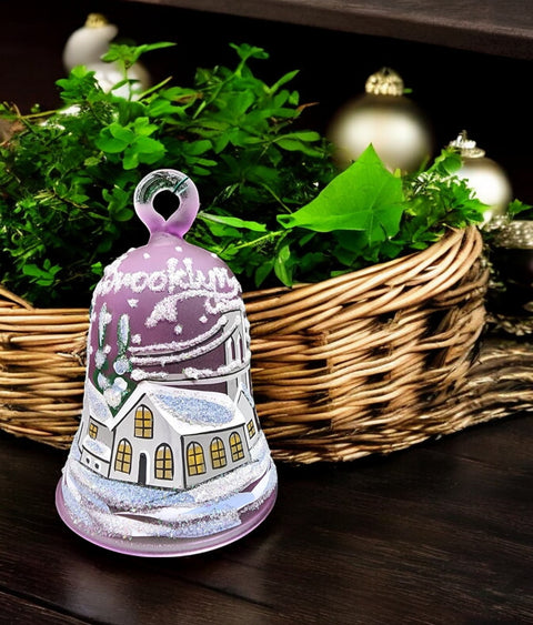 Lavender Blown Glass Bell Ornament –  Brooklyn Bridge Design with Clapper