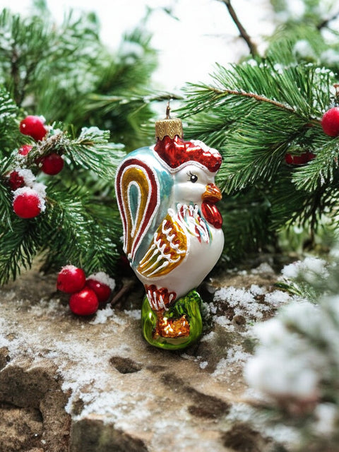 Hand Decorated Glass Keepsake Ornament - Charming Rooster Design