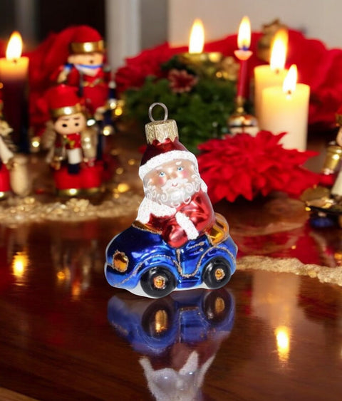 Hand Decorated Glass Keepsake Ornament - Charming Santa In A Car Design