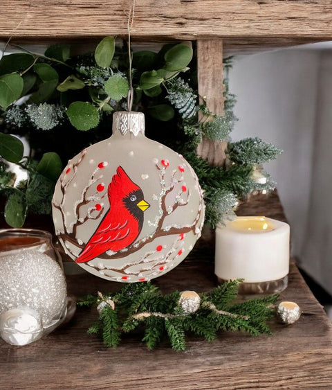 Frosted Blown Blown Glass Ornament - Handcrafted - Red Cardinal Design