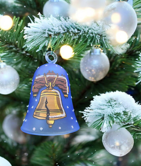 Light Blue Blown Glass Bell Ornament – Liberty Bell Design with Clapper