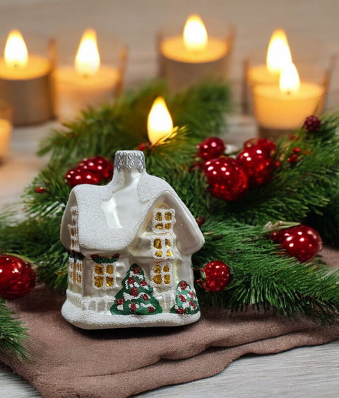 Hand Decorated Glass Keepsake Ornament - Charming Silver House Design