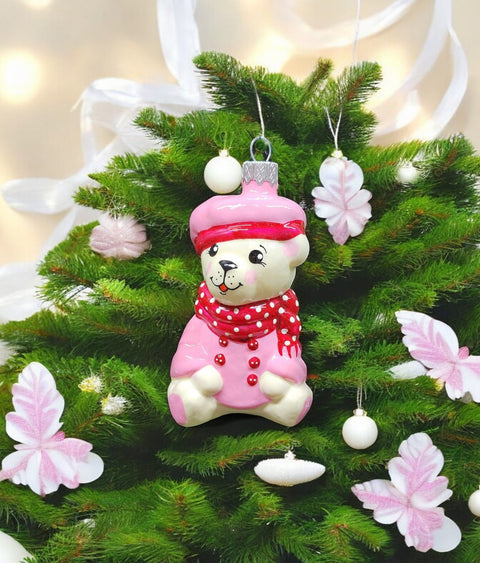 Hand Decorated Glass Keepsake Ornament - Charming Bear in Coat Design