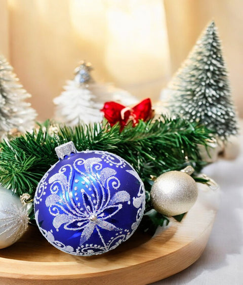 Blue Blown Glass Ornament - Handcrafted - Fancy Flower In Bloom Design