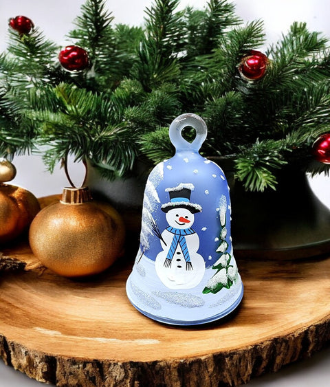 Light Blue Blown Glass Bell Ornament –  Snowman Design with Clapper