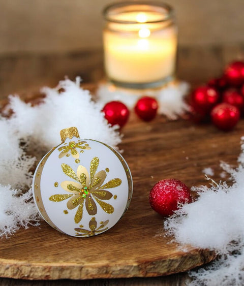 Gold Blown Glass Ornament - Handcrafted - White Finish Design