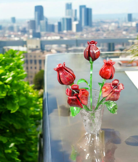 Red Glass Open Bulb Rose - Handcrafted Long Stem Flower