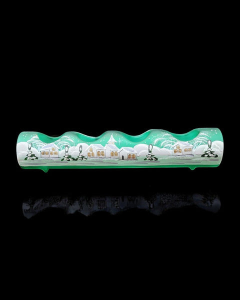 Green Glass Quad Candle Holder - White Church  Yule Log Style