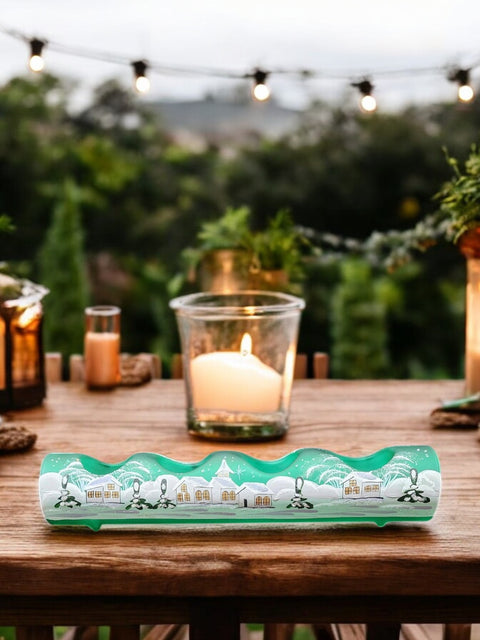 Green Glass Quad Candle Holder - White Church  Yule Log Style