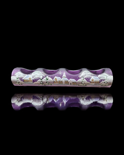 Purple Glass Quad Candle Holder - White Church  Yule Log Style