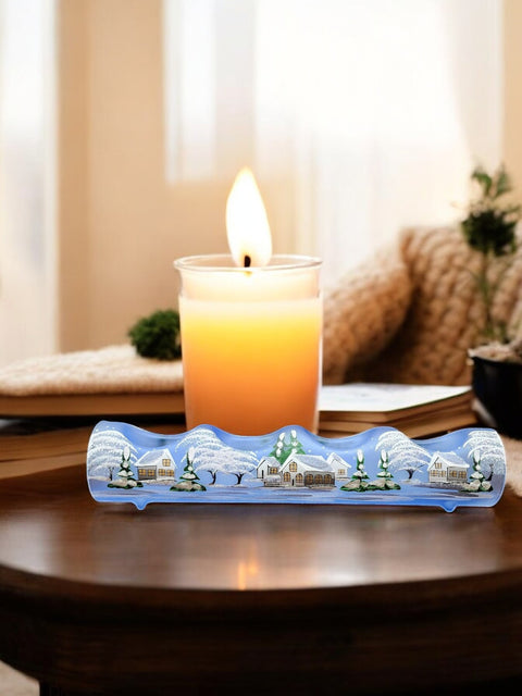 Light Blue Glass Quad Candle Holder - White Cabins  Yule Log Style