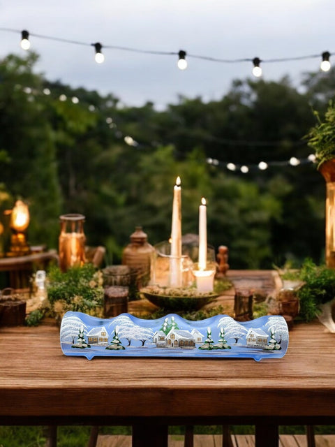 Light Blue Glass Quad Candle Holder - White Cabins  Yule Log Style