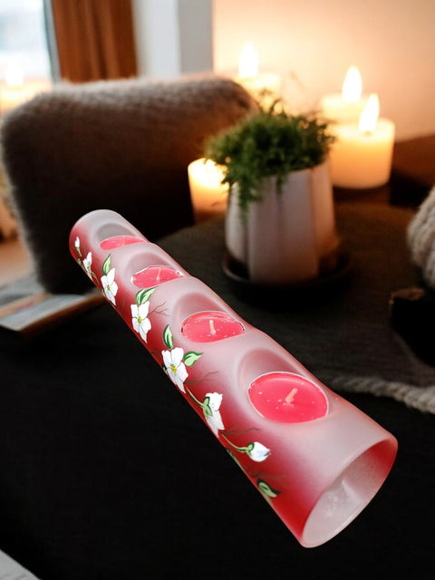 Red Glass Quad Candle Holder - Dogwood Flower  Yule Log Style