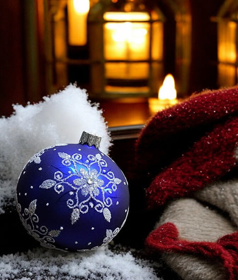 Blue Blown Glass Ornament - Handcrafted - Fancy Snowflake Design