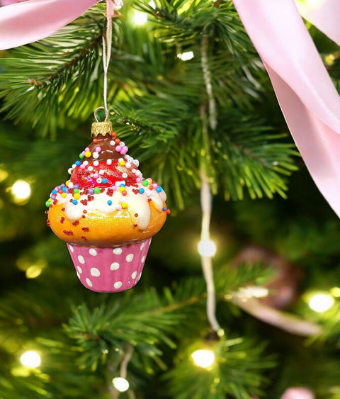 Hand Decorated Glass Keepsake Ornament - Charming Cupcake Design