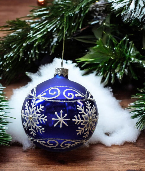 Blue Blown Glass Ornament - Handcrafted - Large Snowflake Design