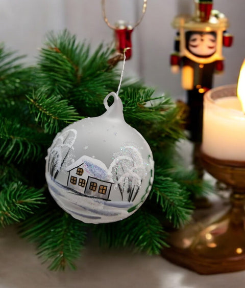 Frosted Blown Glass Ornament - Handcrafted - White Church Design