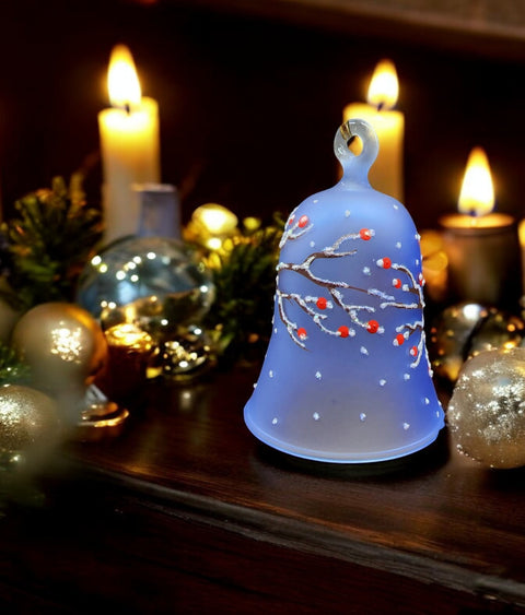 Light Blue Blown Glass Bell Ornament – Finch Design with Clapper