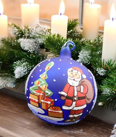 Blue Blown Glass Ornament - Handcrafted -  Charming Santa Claus Design