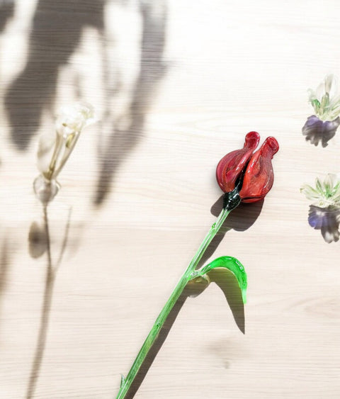 Red Glass Open Bulb Rose - Handcrafted Long Stem Flower