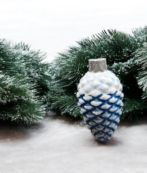 Hand Decorated Glass Keepsake Ornament - Charming Blue Pinecone Design