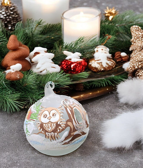 Frosted Blown Glass Ornament - Handcrafted - Fun Owl Design