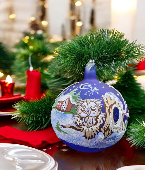 Blue Blown Glass Ornament - Handcrafted -  Charming Fun Owl Design