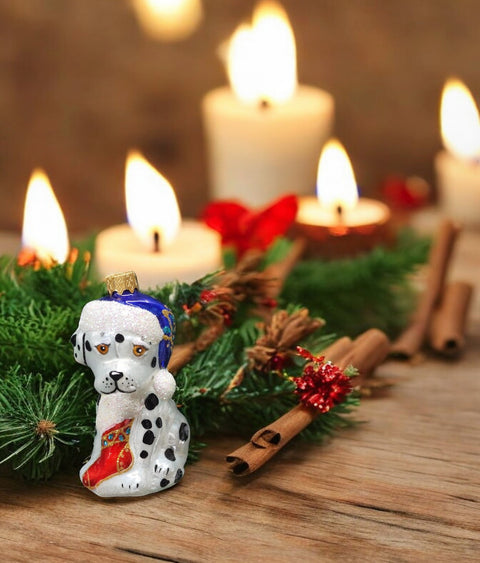 Hand Decorated Glass Keepsake Ornament - Dalmatian With Stocking Design