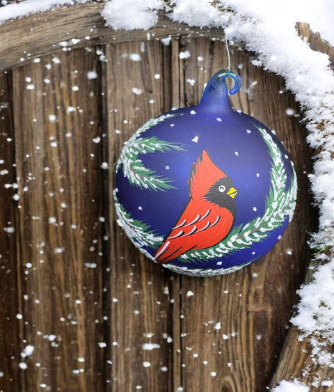 Blue Blown Glass Ornament - Handcrafted -  Charming Red Cardinal Design