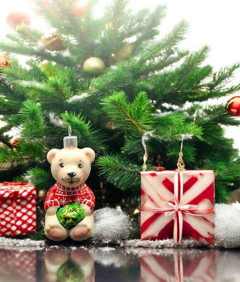 Hand Decorated Glass Keepsake Ornament - Charming Bear W PresentDesign