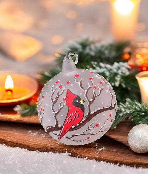 Frosted Blown Glass Ornament - Handcrafted - Red Cardinal Design