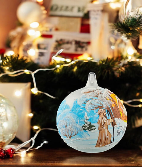 Frosted Blown Glass Ornament - Handcrafted - Nativity Design