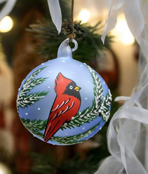 Light Blue Blown Glass Ornament - Handcrafted - Red Cardinal Design