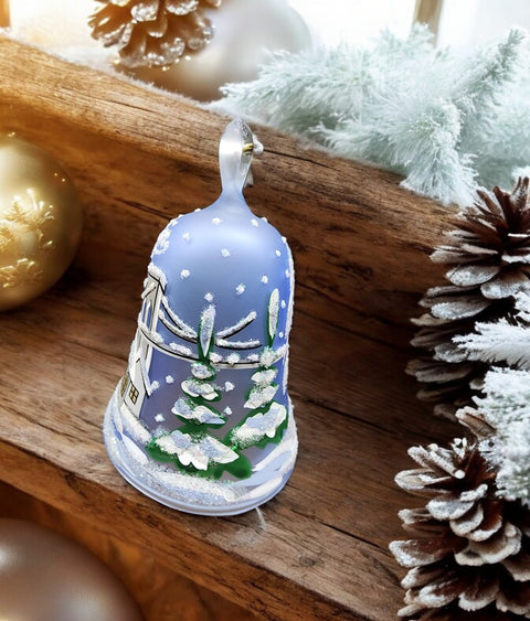 Light Blue Blown Glass Bell Ornament – Brooklyn Bridge Design with Clapper