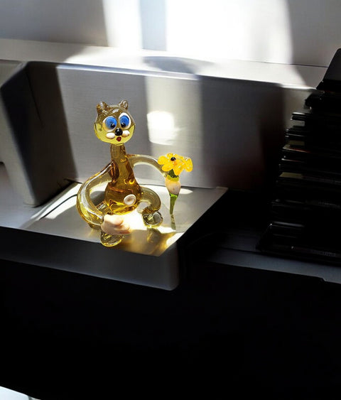 Glass Cat with Flower Figurine, Collectible Glass Cat, Murano Quality Gift At A Fraction Of The Price, Handcrafted In Ukraine