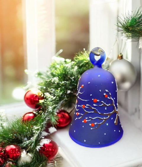 Blue Blown Glass Bell Ornament – Red Cardinal Design with Clapper