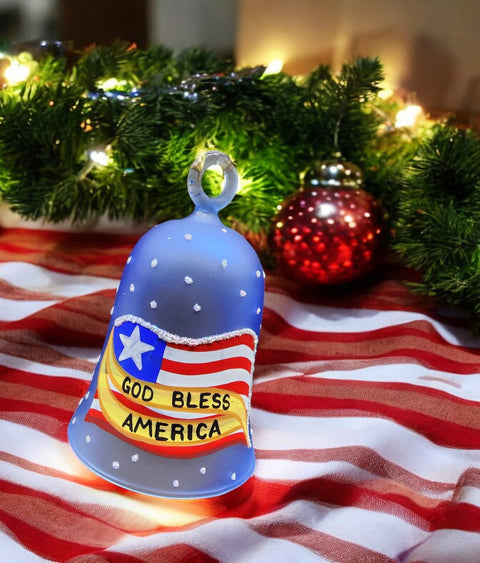 Light Blue Blown Glass Bell Ornament – Liberty Bell Design with Clapper