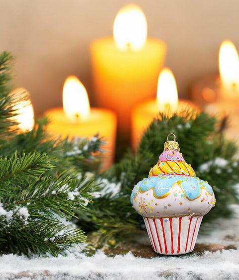 Hand Decorated Glass Keepsake Ornament - Charming Cupcake  Design