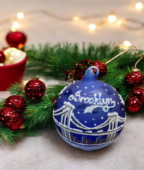 Blue Blown Glass Ornament - Handcrafted - Brooklyn Bridge Design