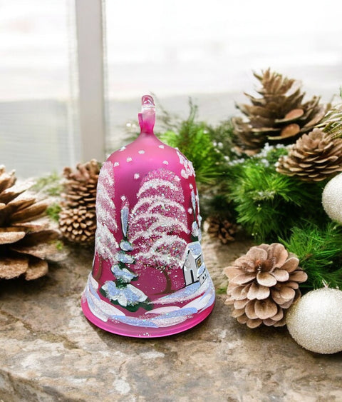 Pink Blown Glass Bell Ornament –  Brooklyn Bridge Design with Clapper